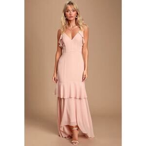 Lulus Blush Pink Maxi Dress Women’s Medium Ruffle V-Neck High Low Chiffon